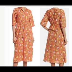 Anthropologie dRA Los Angeles Orange Floral Print Cottage Core Cotton Dress S